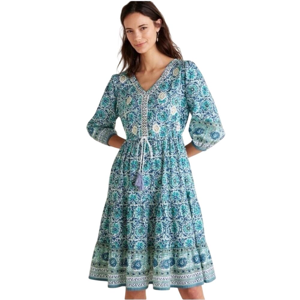 Soft Surroundings Women's Nerissa Blue Teal Medallion Print Dress 3/4 Sleeve XS